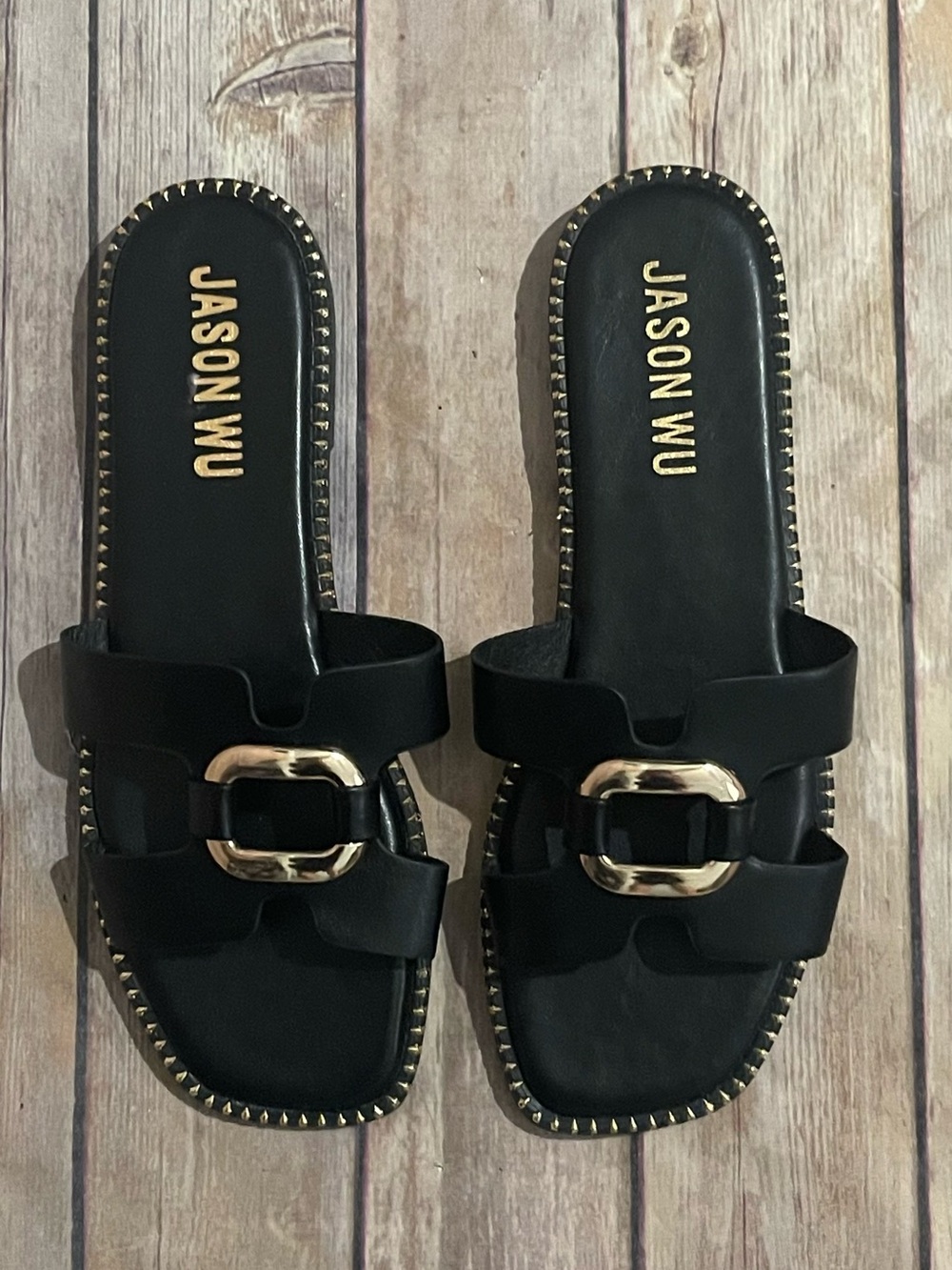 Jason Wu Danis Black Slide Sandals with Gold Buckle and Stud Trim